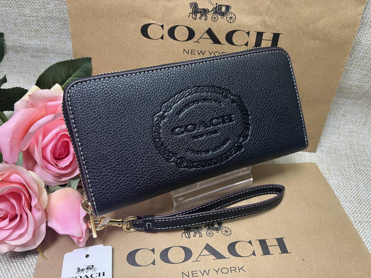 コーチ COACH 長財布 財布 コーチ ヘリテージ トープ ぺブルド レザー ロング ジップ アラウンド ウォレット ストラップ付き CN353 A343