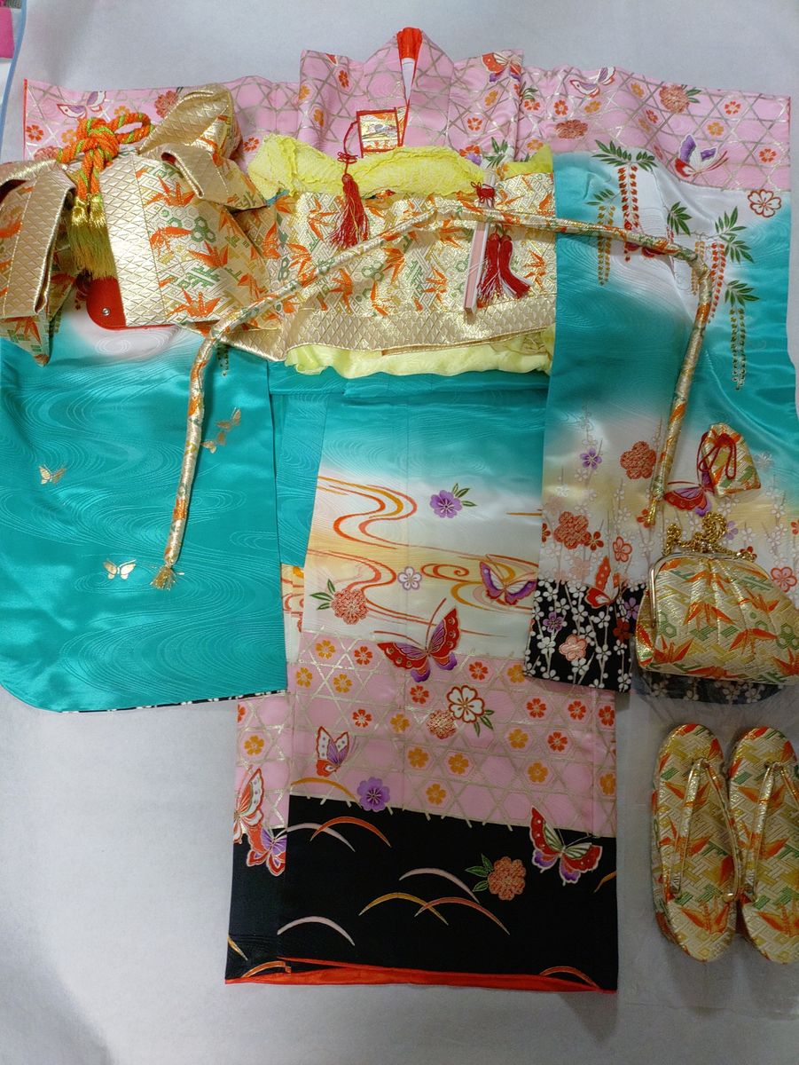 7歳七五三祝着物フルセット明るい緑花くす玉花輪着物オレンジ子供用