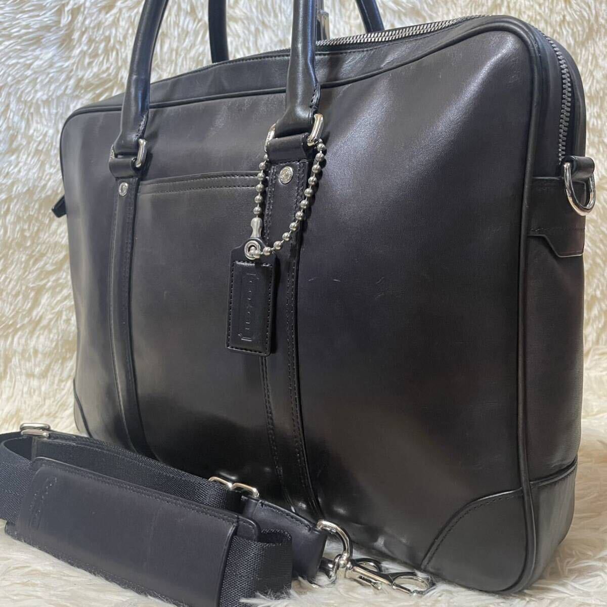 美品 大容量 ●コーチ COACH ビジネスバッグ ブリーフケース 2way ショルダー レザー 本革 黒 ブラック トランスアトランティック A4可