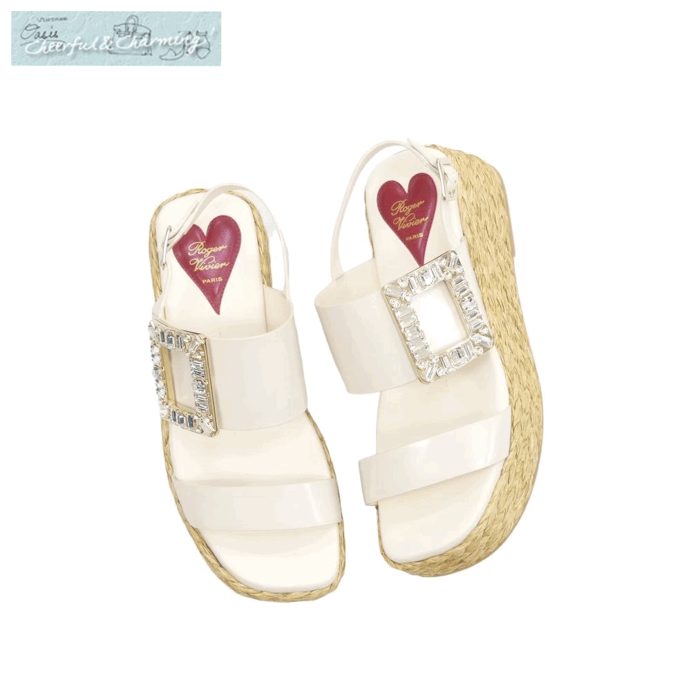 未使用 新作 Roger Vivier ロジェヴィヴィエ ストラスバックルレザーラフィアウェッジサンダル 37 クリーム '24年商品 RVW73438780BSSC019