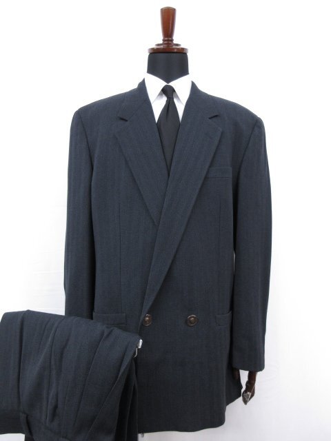 アーカイヴ 超美品【ジャンニヴェルサーチ GIANNI VERSACE】 ヘリンボーン柄 ダブル2B ウール スーツ (メンズ) 52 ネイビー■27RMS8933