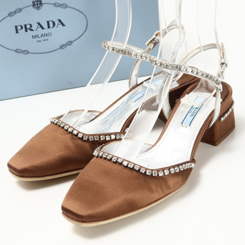 GQ0878*イタリア製《PRADA プラダ》サテン×メタリックレザー ビジュー装飾 アンクルストラップサンダル 37(24cm相当)  ブラウン×シルバー－日本代購代Bid第一推介「Funbid」