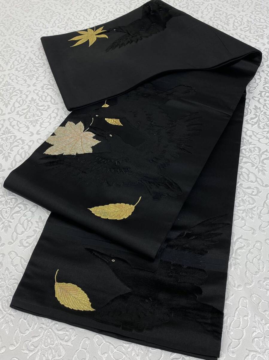 アンティーク カラス 天鵞絨 手刺繍 丸帯 金糸 銀糸 正絹 黒地 アンティーク カラス 天鵞絨 手刺繍 丸帯 金糸 銀糸 正絹 黒地