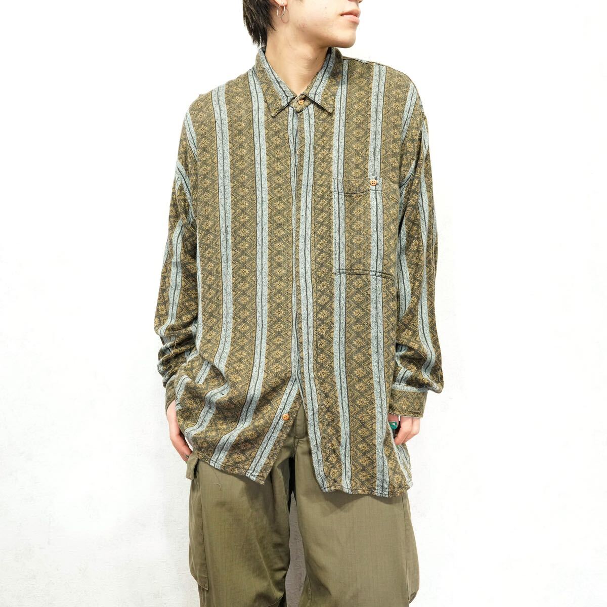 USA VINTAGE SCUSA PATTERNED DESIGN COTTON RAYON OVER SHIRT/アメリカ古着柄デザインコットンレーヨンオーバーシャツ