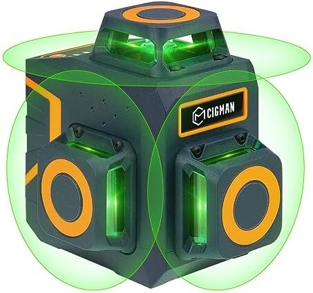 【送料無料】CIGMAN レーザー墨出し器 12線 3Dグリーンレーザー 小型 高輝度 Type-C充電 遠隔操作リモコン 軽量 マグネットベース付き