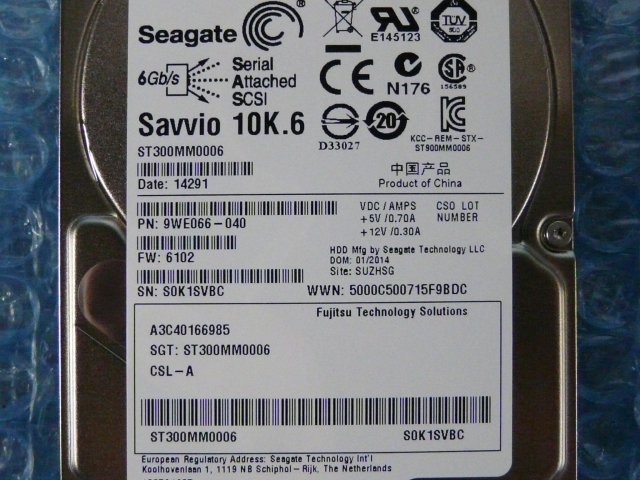 1GBY // Seagate Savvio 10K.6 ST300MM0006 300GB 2.5インチ SAS 10000rpm 6Gb/s (A3C40166985) // Fujitsu PRIMERGY RX200 S8 取外//在庫5_画像2