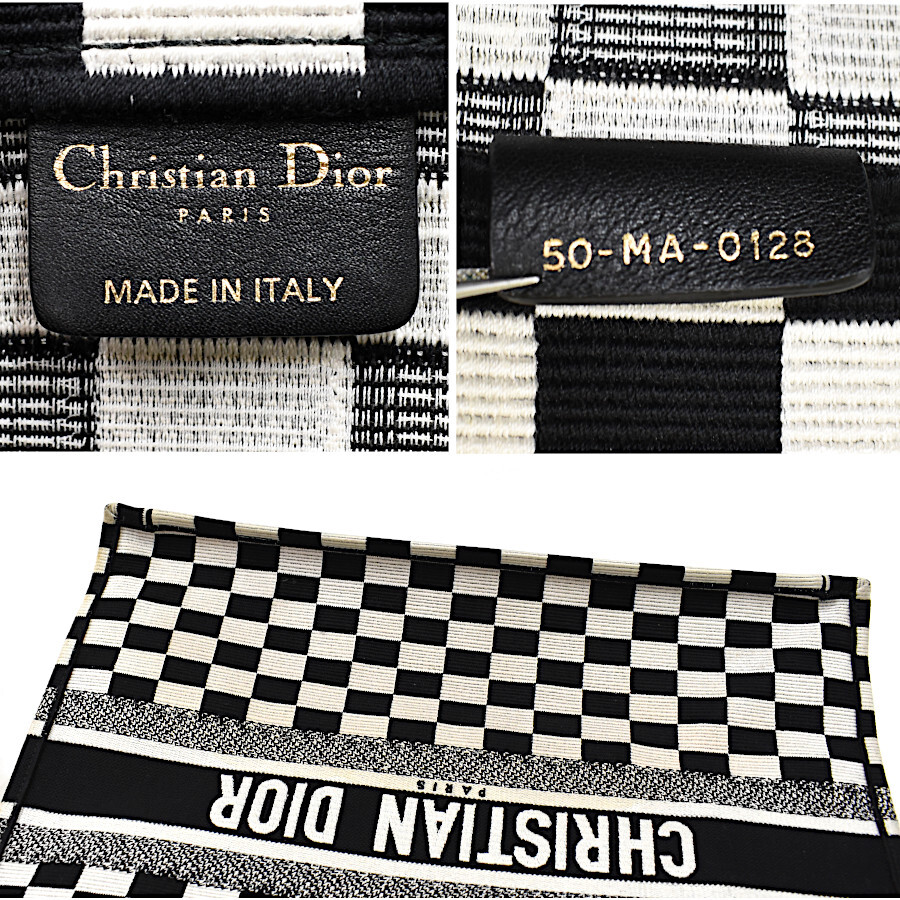 セール クリスチャンディオール ブックトート ラージ エンブロイダリー チェック柄 ブラック ホワイト Christian Dior