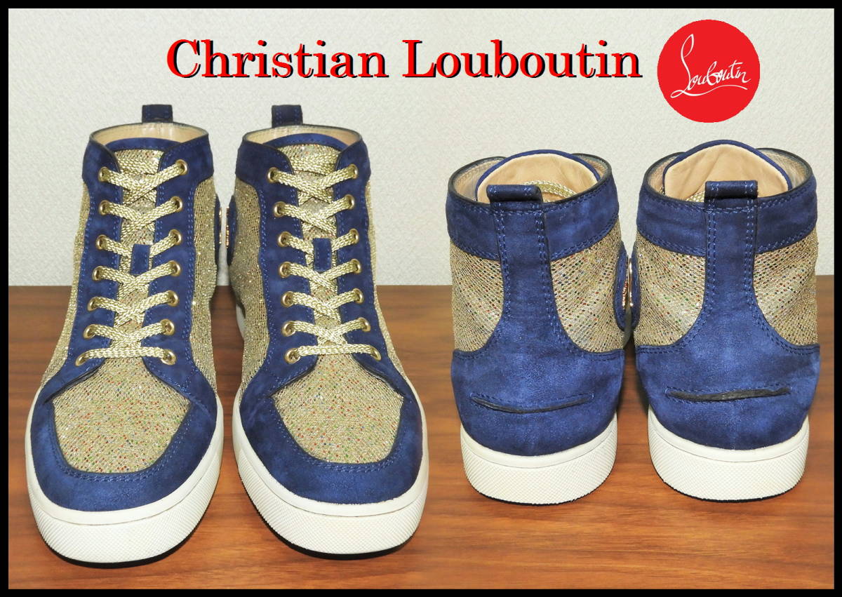 通信販売 レア Christian Louboutin RANTUS FLAT SUEDE 正規品 クリスチャンルブタン メンズ 41 1/2 スエード ハイカット スニーカー 紺青 金 スワロ