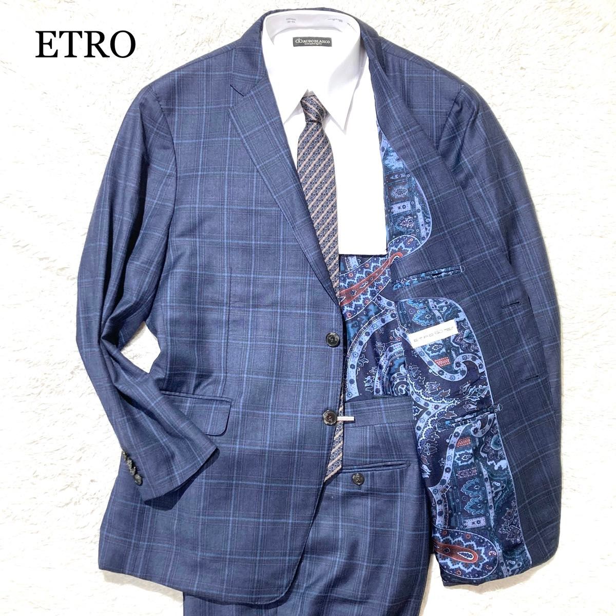 未使用級】ETRO エトロ オーダメイド スーツ ネイビー チェック 未使用級】ETRO エトロ オーダメイド スーツ ネイビー チェック