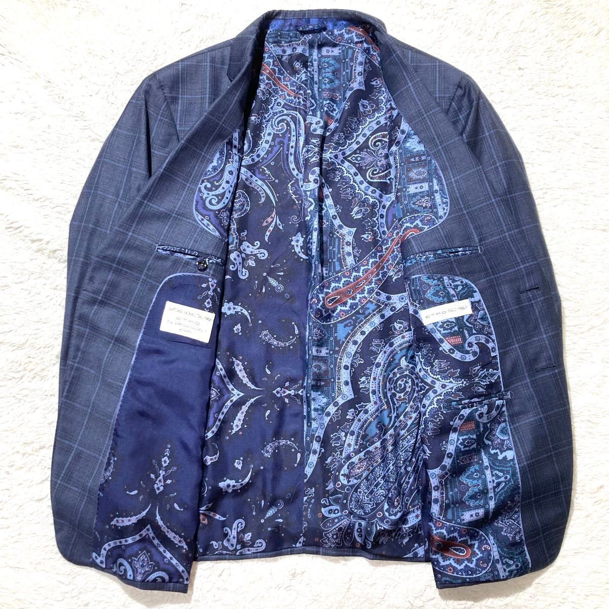 未使用級】ETRO エトロ オーダメイド スーツ ネイビー チェック 未使用級】ETRO エトロ オーダメイド スーツ ネイビー チェック