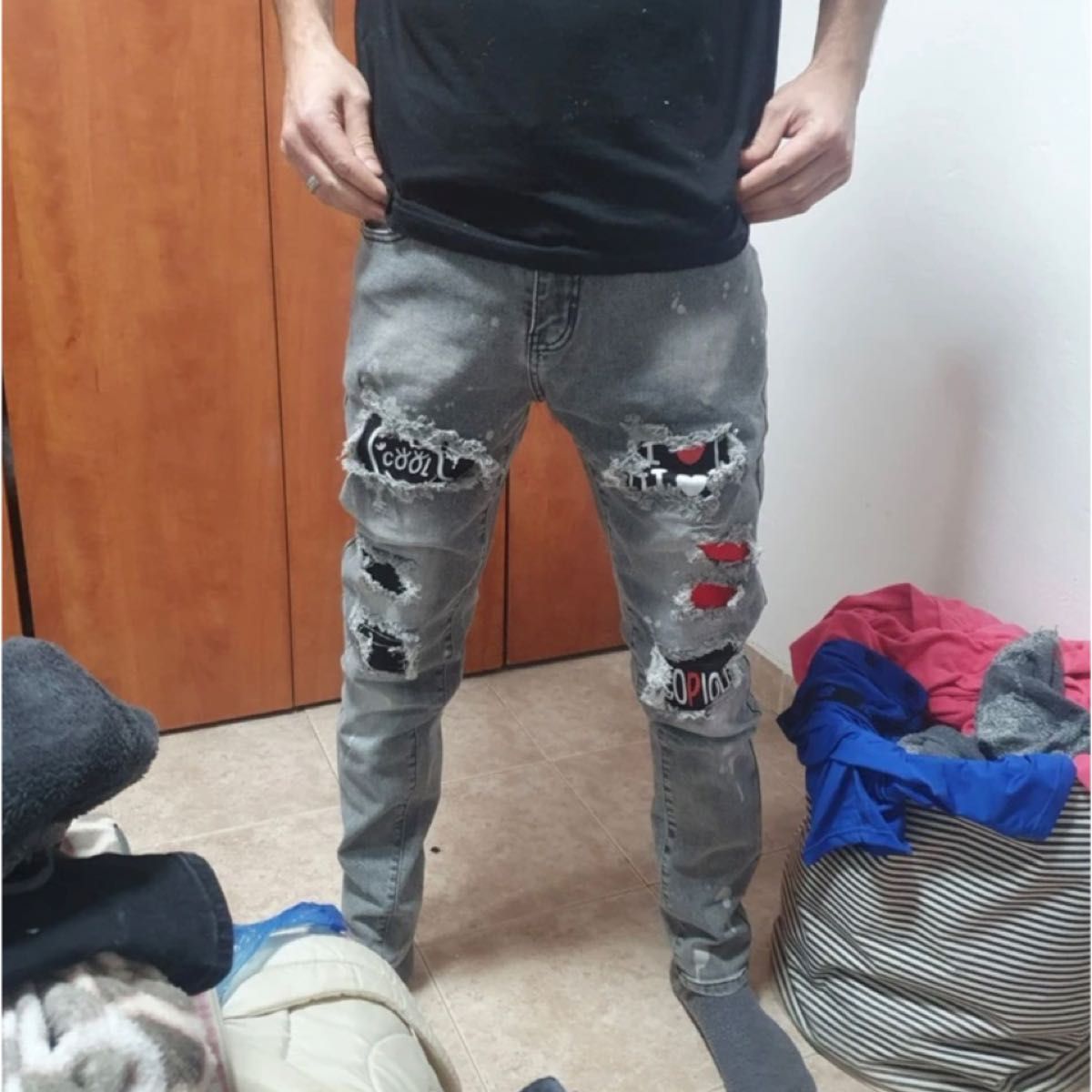 クラッシュダメージデニムパンツ グレー ラッパー HIP HOP UK クラッシュダメージデニムパンツ グレー ラッパー HIP HOP UK