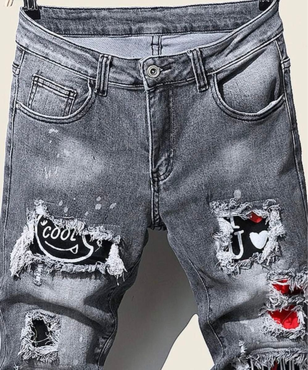 クラッシュダメージデニムパンツ グレー ラッパー HIP HOP UK クラッシュダメージデニムパンツ グレー ラッパー HIP HOP UK