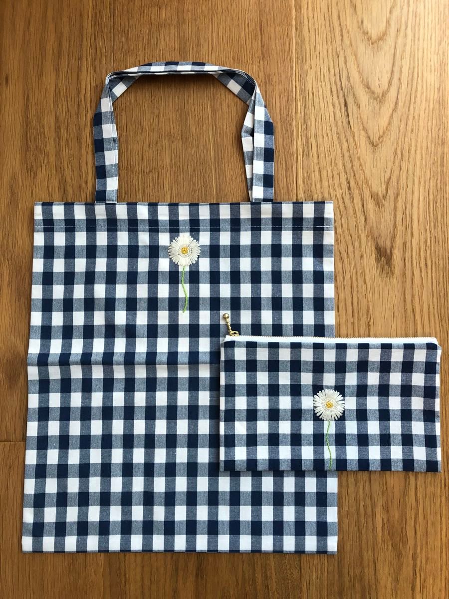 DT♪ トートバック ビーチバックギンガムチェック CERTO トートバッグ ポーチ セット 刺繍 ギンガムチェック柄