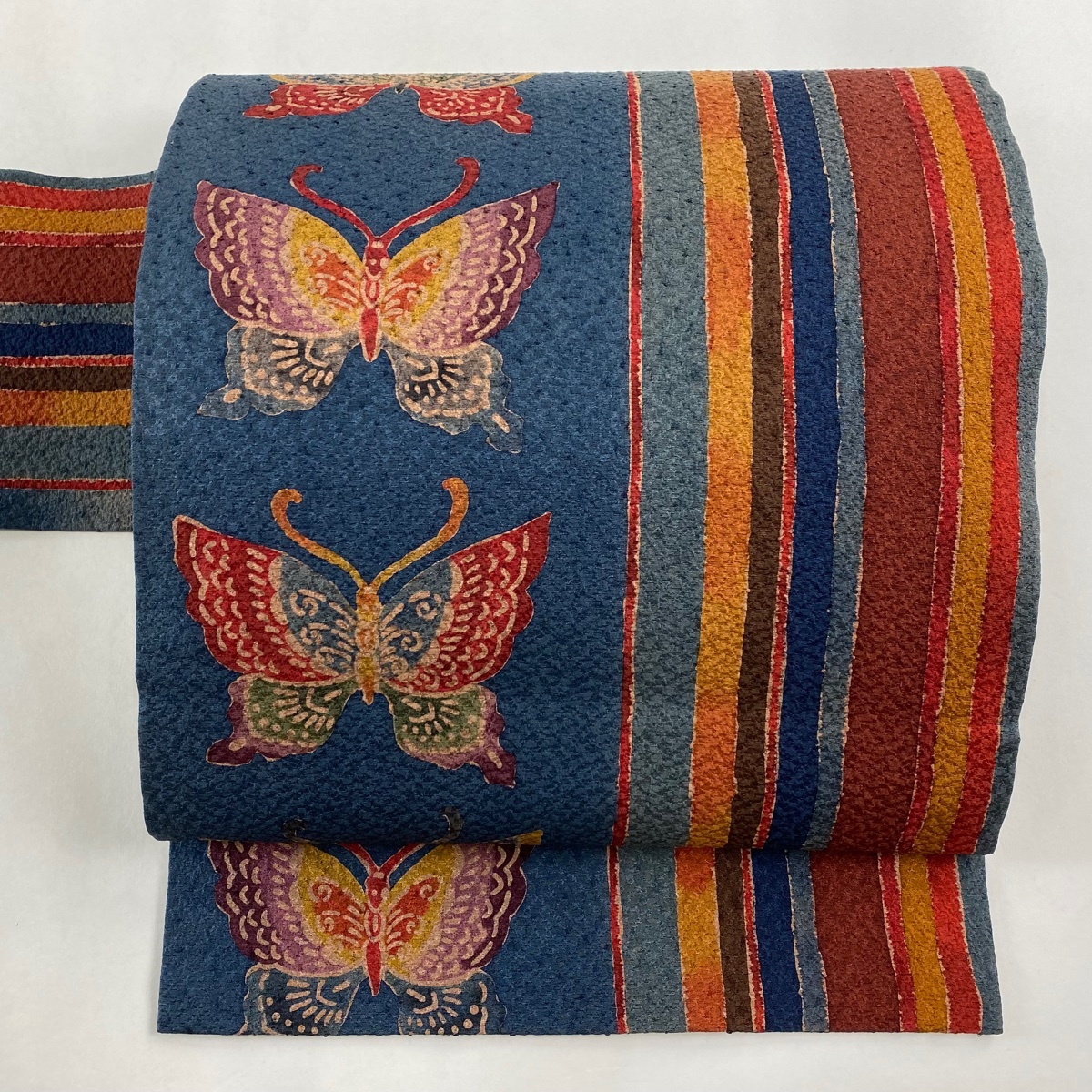 名古屋帯 美品 優品 蝶 縞 藍色 正絹 【中古】