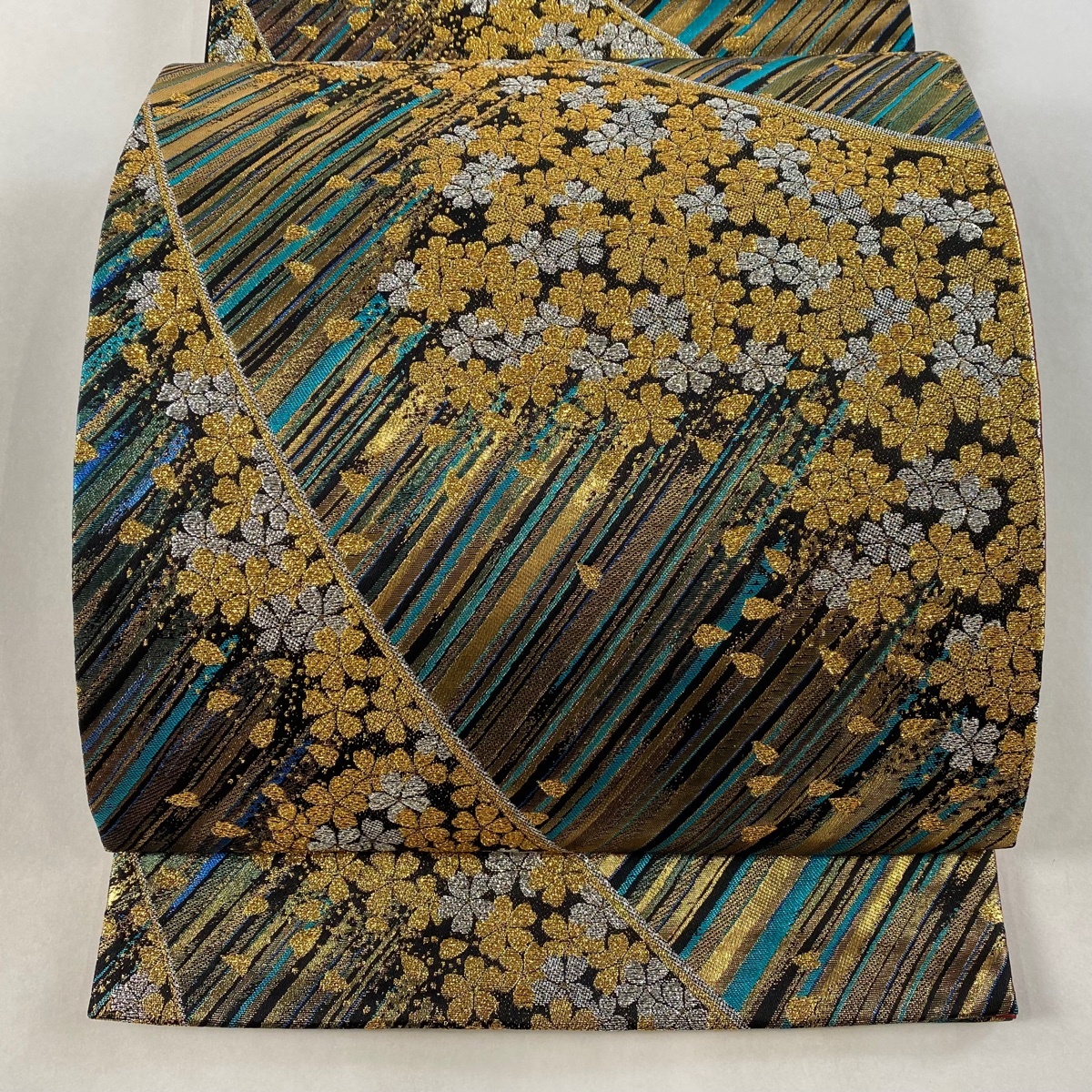 袋帯 美品 秀品 花 斜縞 箔 黒 六通 正絹 【中古】