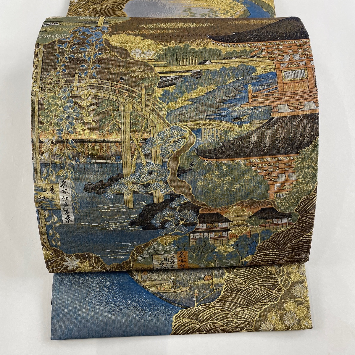 専用ページ。 袋帯 美品 名品 風景 建物 金糸 箔 青灰色 正絹 【中古】