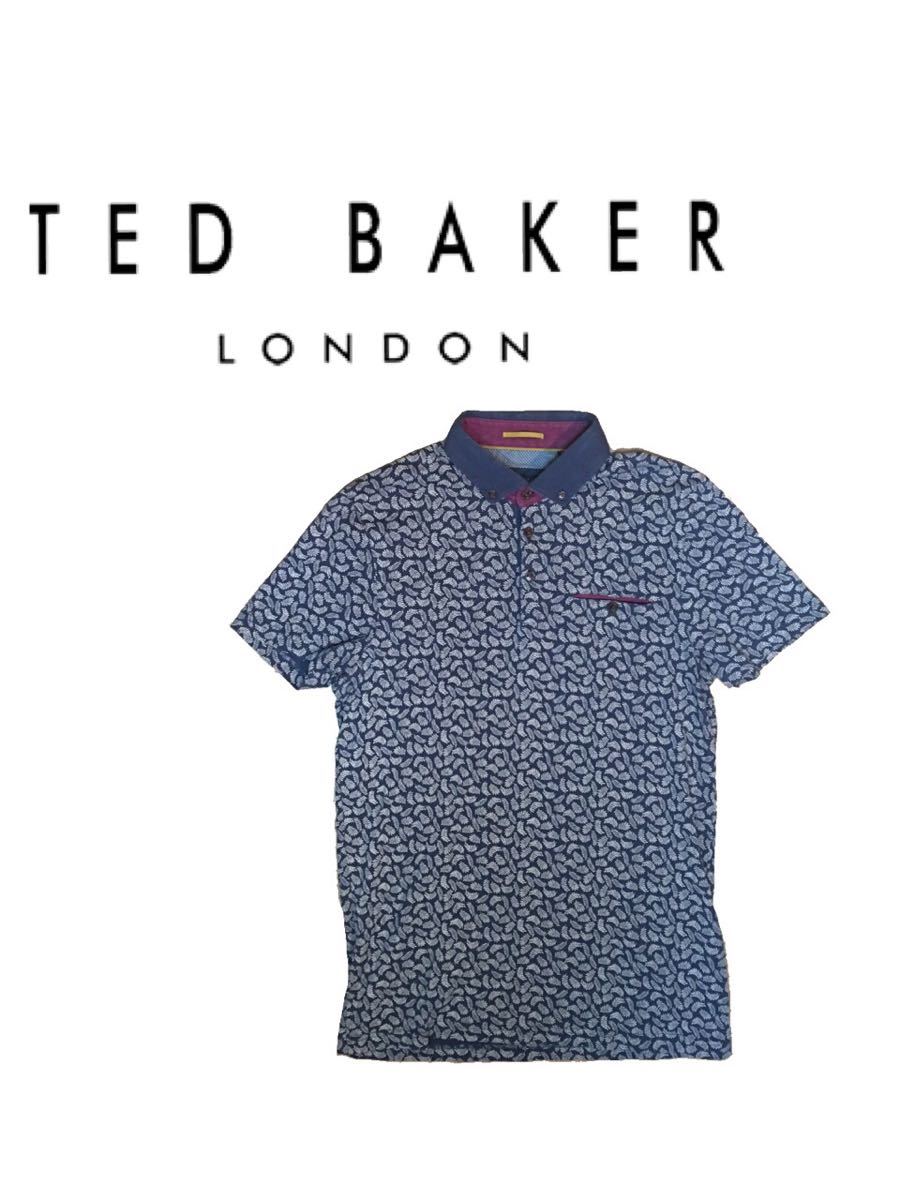 定価約2万 TED BAKER テッドベーカー ポロシャツ サイズ2(M相当) リーフ柄 ネイビー ホワイト パリ LONDONトルコ製 名作 紳士 ドレス 人気の画像1