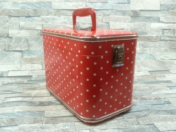 S196★【メイク　ボックス】【中古品】 水玉 /レッド　化粧品　コスメ ボックス　収納　/鏡付　かわいい…?　おしゃれ…?　　