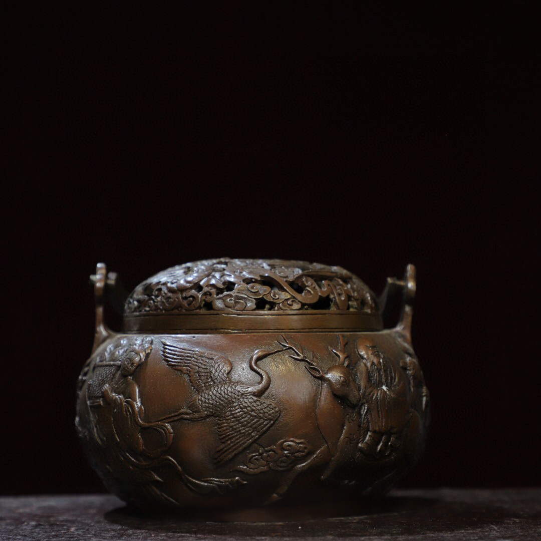 蔵友館蔵品・銅製・雙耳・鹿鶴同春紋熏香炉】・希少 蔵友館蔵品・銅製・雙耳・鹿鶴同春紋熏香炉】・希少