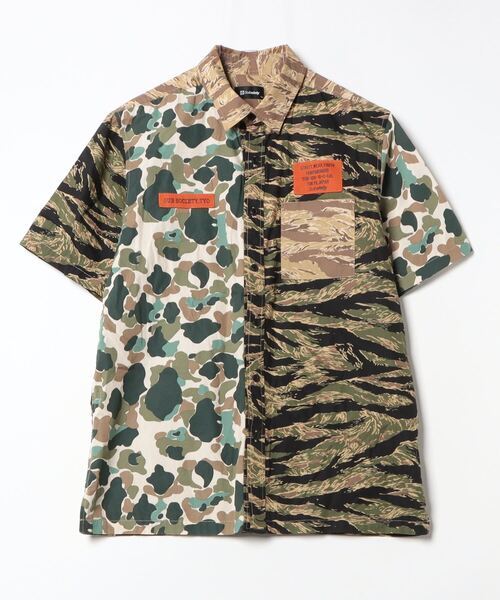 Subciety 美品 ミリタリー 切り替え サブサエティー タイガーストライプ ダックハンター 迷彩 シャツ コットン 綿 サイズ L グリーン 緑