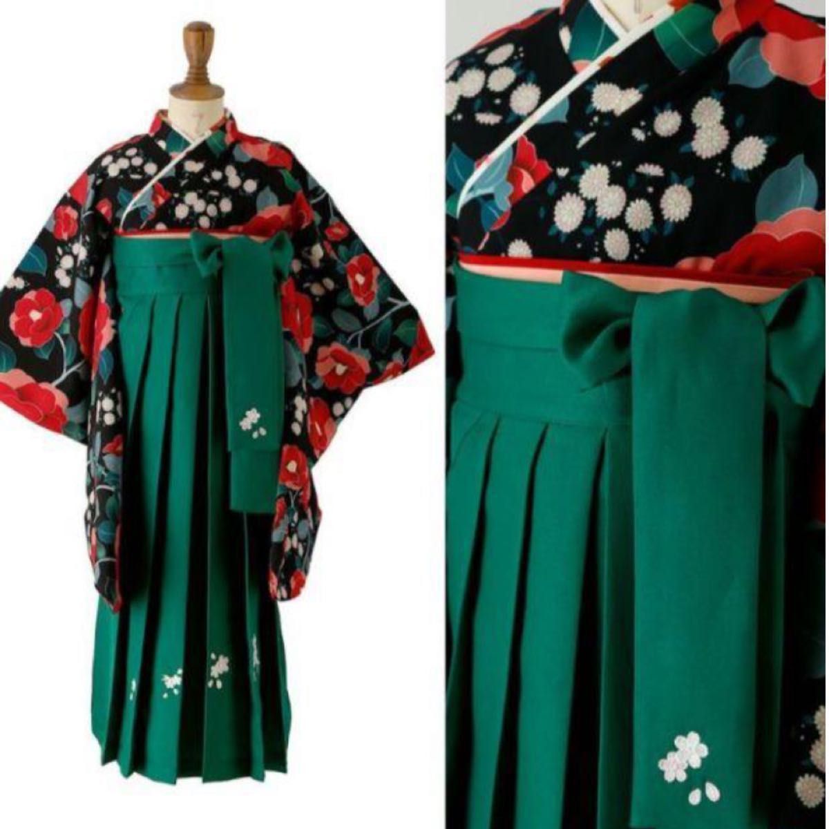 キャサリンコテージ 袴セット 椿黒着物×緑袴 150サイズ 美品 キャサリンコテージ 袴セット 椿黒着物×緑袴 150サイズ 美品