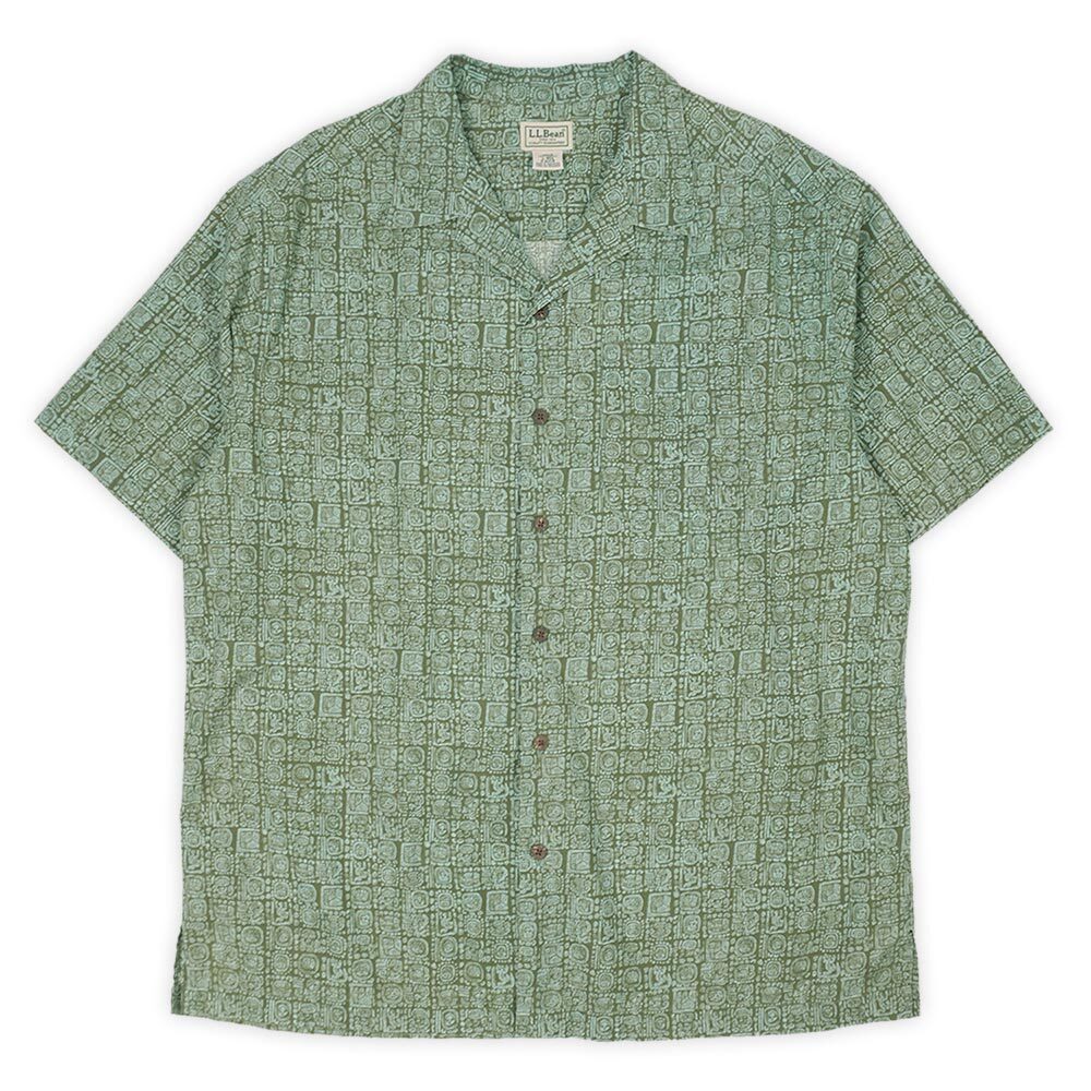 2024年最新海外 エルエルビーン L.L.Bean L グリーン系 (-2135) 古着 USA 開襟 アウトドア バティック柄 半袖 オープンカラーシャツ 総柄 00s 男性用
