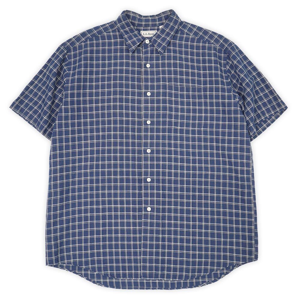 【楽天最安値に挑戦】 エルエルビーン L.L.Bean 90s レギュラーカラーシャツ コットンリネン 珍品 旧タグ ビンテージ (-2240) ネイビー系 チェック柄 L 男性用
