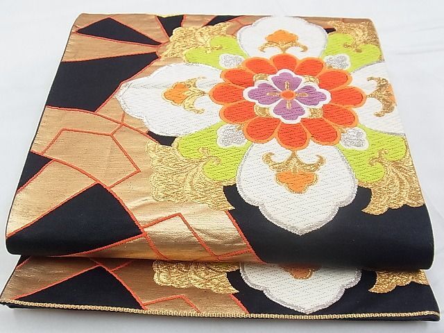 平和屋野田店◎六通柄袋帯 唐織 片輪車花菱文 黒地 金銀糸 逸品 平和屋野田店◎六通柄袋帯 唐織 片輪車花菱文 黒地 金銀糸 逸品