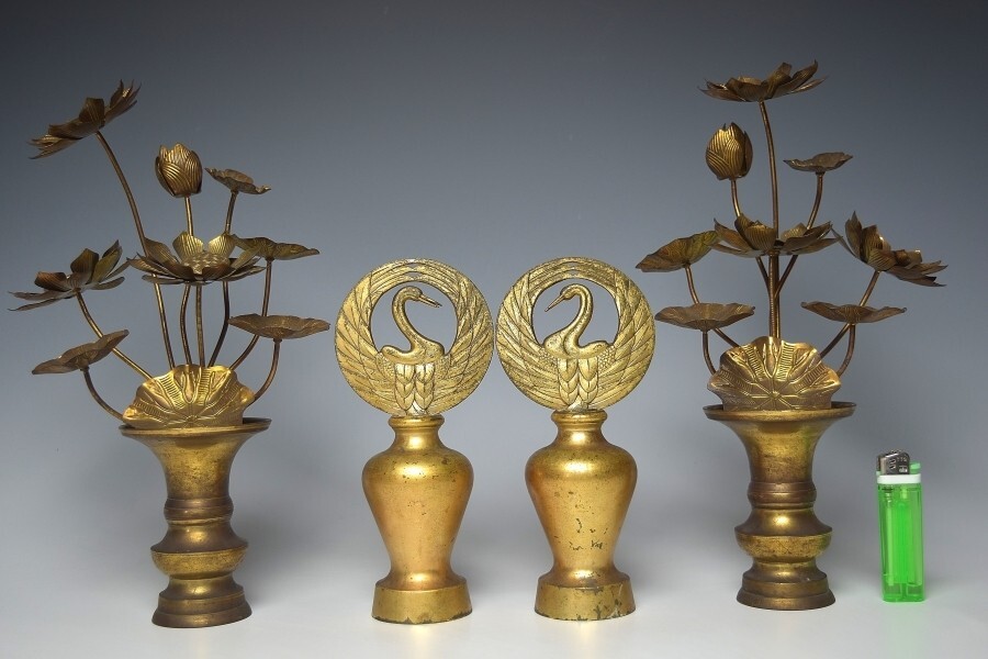 趣楽】 仏教美術 銅器塗金仏具四点 仏花 L981 趣楽】 仏教美術 銅器塗金仏具四点 仏花 L981