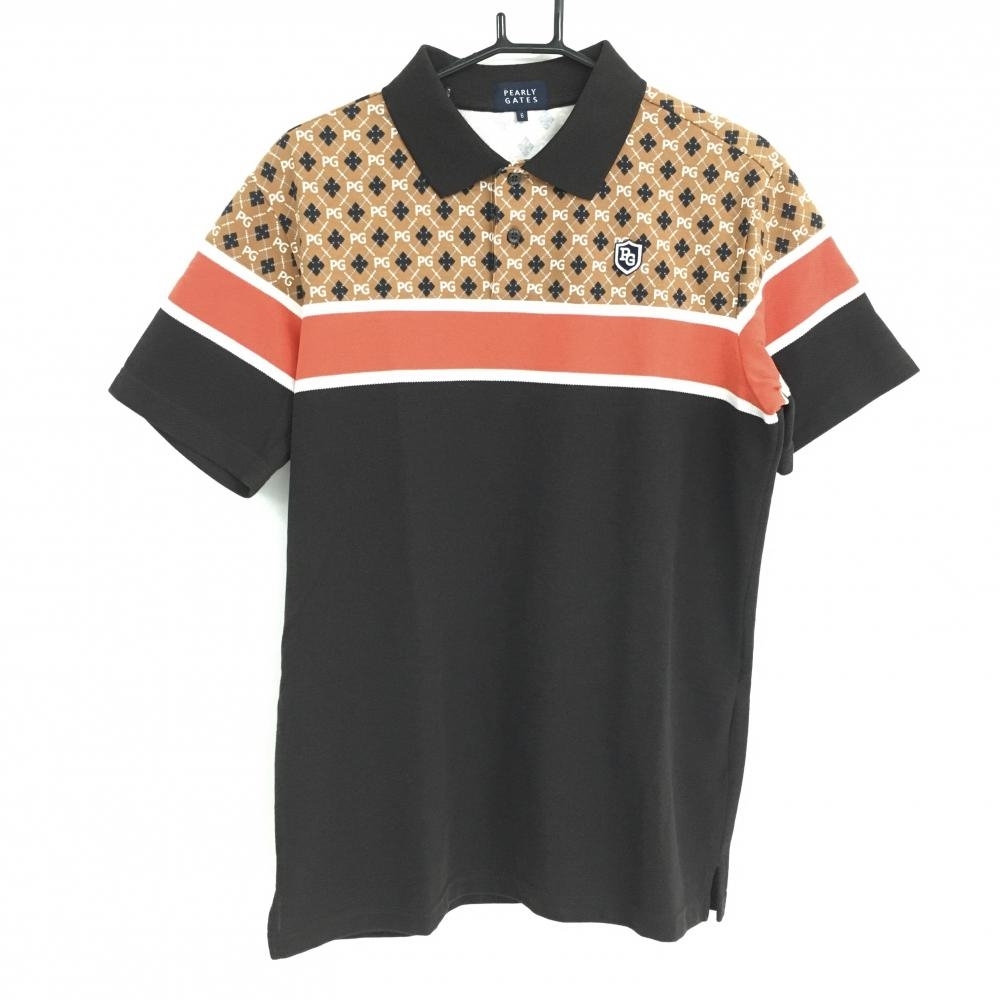 【美品】パーリーゲイツ 半袖ポロシャツ ブラウン×オレンジ 一部ロゴ総柄 メンズ 6(XL) ゴルフウェア PEARLY GATES