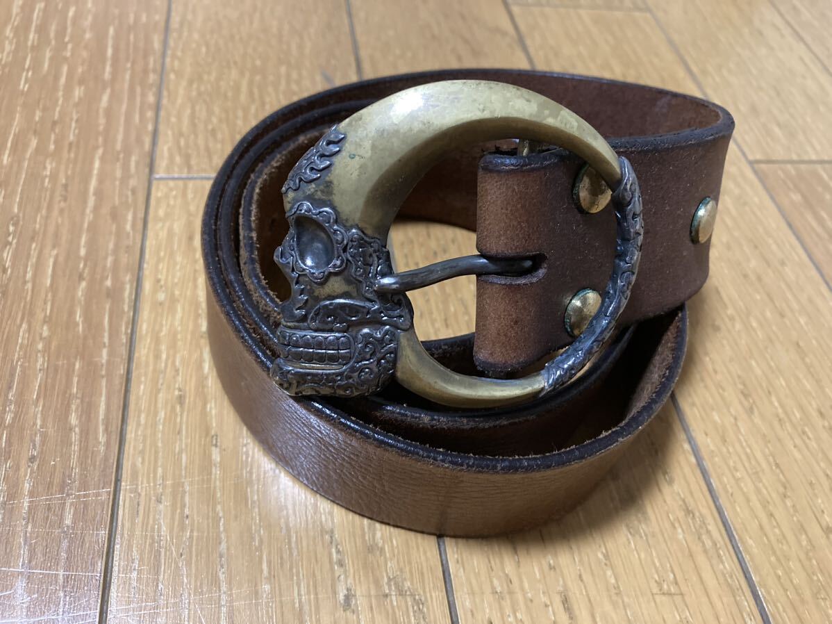 HOOK スカル バックル ベルト 36 ブラウン シルバー x ブラス HOOK スカル バックル ベルト 36 ブラウン シルバー x ブラス