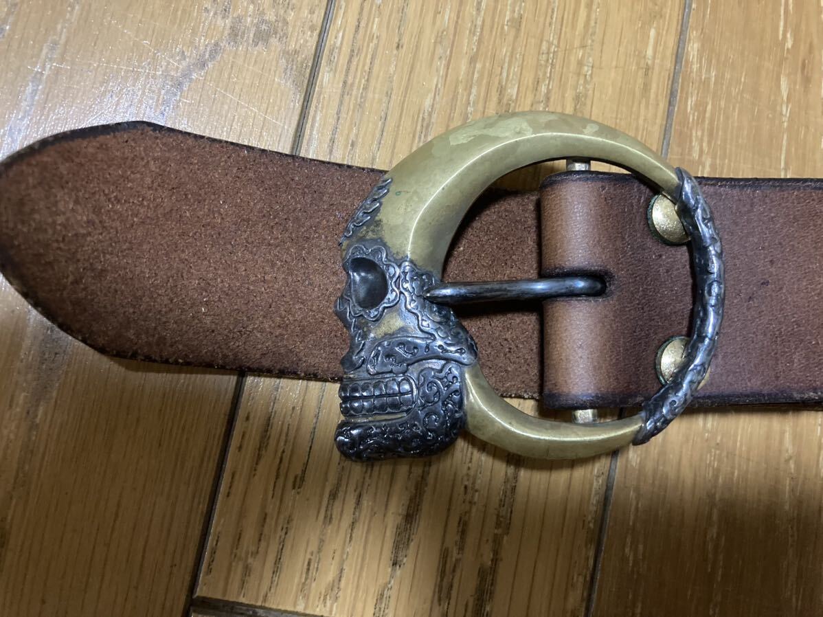 HOOK スカル バックル ベルト 36 ブラウン シルバー x ブラス HOOK スカル バックル ベルト 36 ブラウン シルバー x ブラス