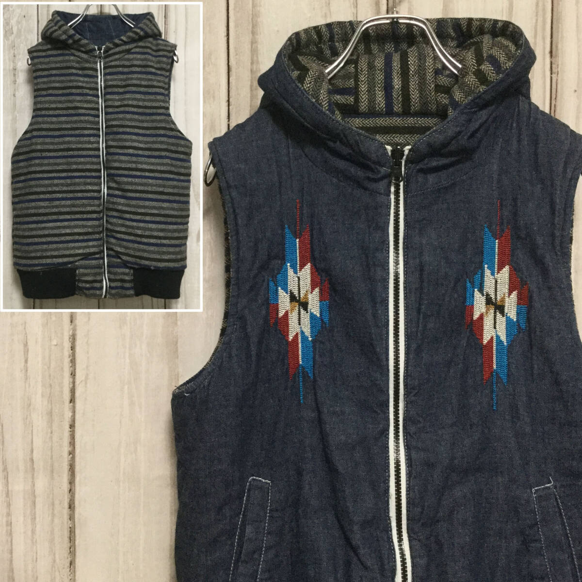 【中綿入り リバーシブルベスト】 チマヨ風刺繍 ボーダー L ネイビー RAGEBLUE 古着 [240111-019]