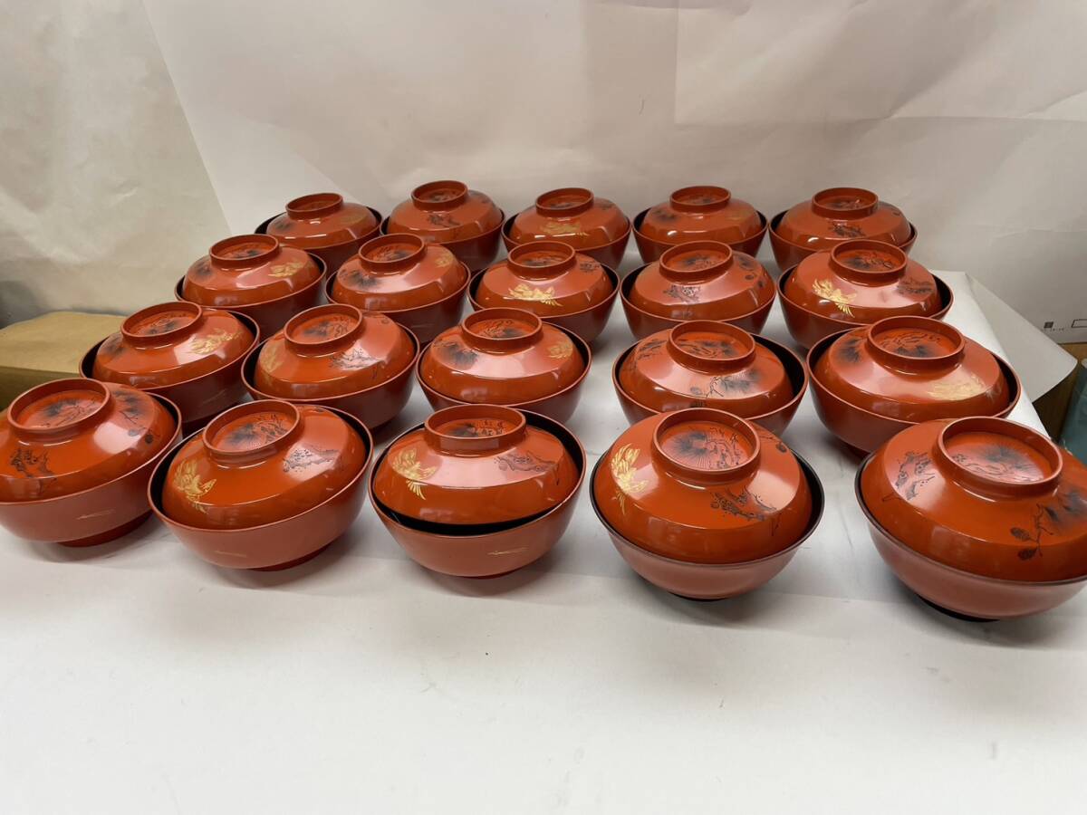 輪島塗 吸物椀 20客 2箱 蓋付 明治期 松 月 鳥 漆器 漆塗 共箱付 輪島塗 吸物椀 20客 2箱 蓋付 明治期 松 月 鳥 漆器 漆塗 共箱付