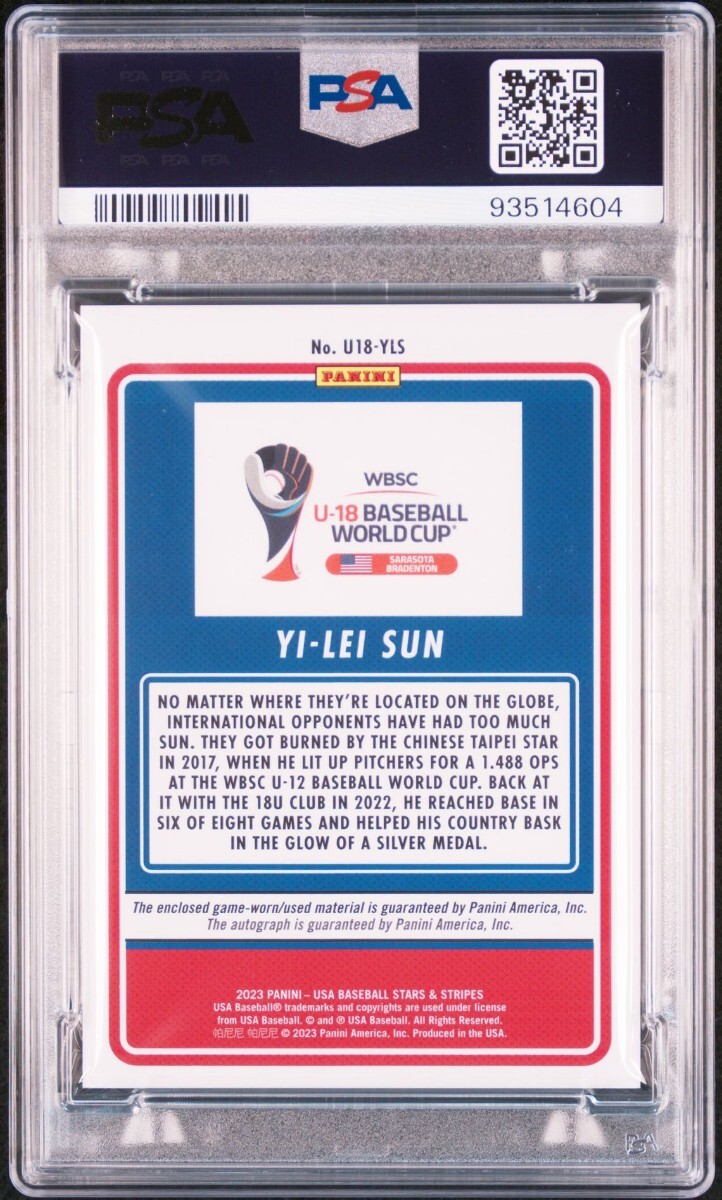 2023 PANINI STARS & STRIPES USA CHINESE TAIPEI U-18 WORLD CUP MATERIALS SIGNATURE U18YLS YI-LEI SUN PSA mint9...