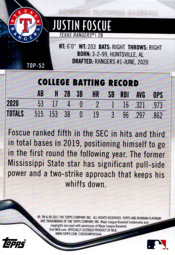 2021 Bowman Platinum Justin *fos кий Justin Foscue #TOP-52
