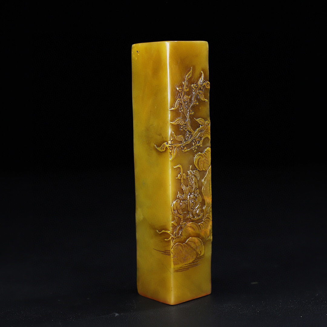 館蔵珍品 寿山石 田黄石 細密彫 攜童訪友紋印章』置物 賞物 貴重 館蔵珍品 寿山石 田黄石 細密彫 攜童訪友紋印章』置物 賞物 貴重