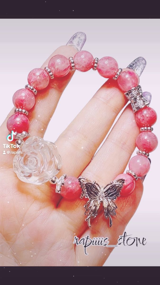 水晶×薔薇 ロードナイトシリカ 蝶々 天然石 パワーストーン ブレスレット 愛のエネルギー