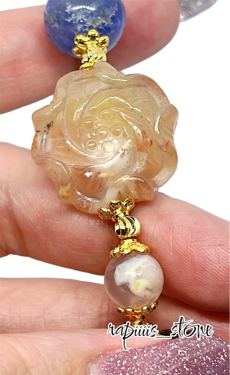 青 桜瑪瑙 薔薇 天然石 ブレスレット チェリーブロッサム 青 桜瑪瑙 薔薇 天然石 ブレスレット チェリーブロッサム