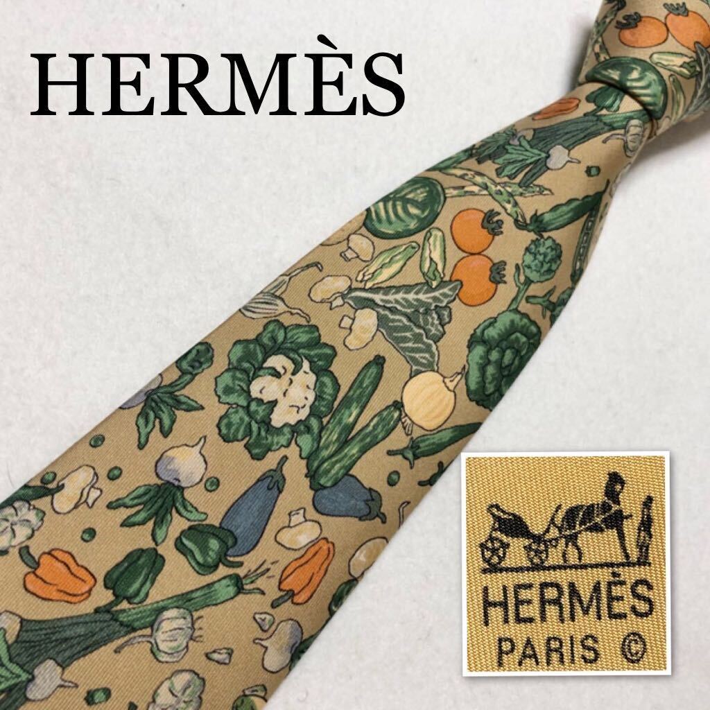 美品 希少デザイン HERMES エルメス ネクタイ スカーフ柄 野菜総 美品 希少デザイン HERMES エルメス ネクタイ スカーフ柄 野菜総