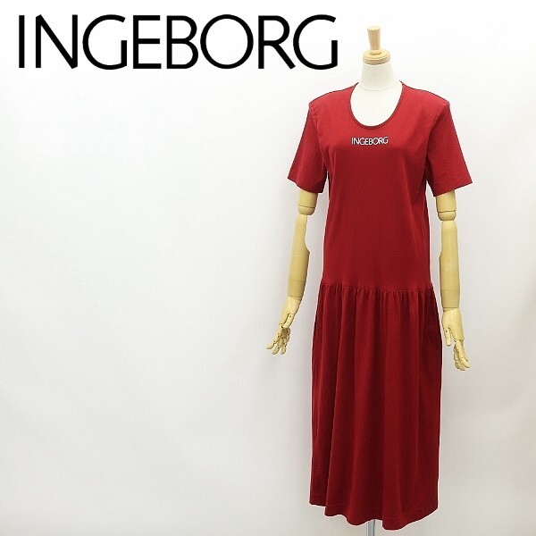 ◆INGEBORG インゲボルグ ロゴプリント コットン ギャザー フレア ロング ワンピース ボルドー ひ