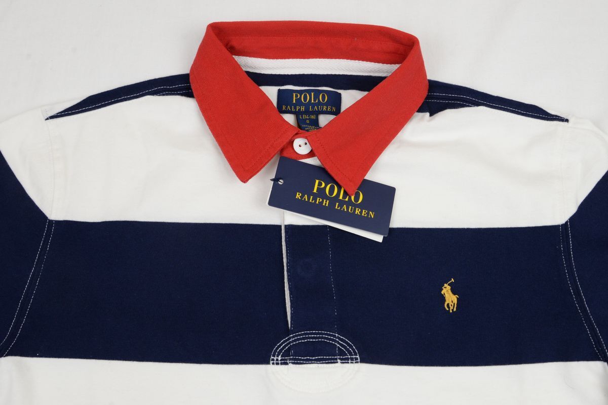 *POLO Ralph Lauren polo-shirt with long sleeves, Rugger shirt ( white / navy blue border,CHILD-L( height 160cm, chest 76-84cm) new goods 