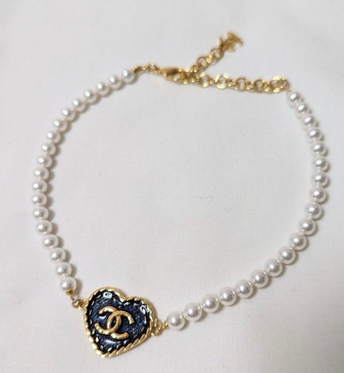シャネル CHANEL チョーカー ネックレス デニム ハート パール シャネル CHANEL チョーカー ネックレス デニム ハート パール