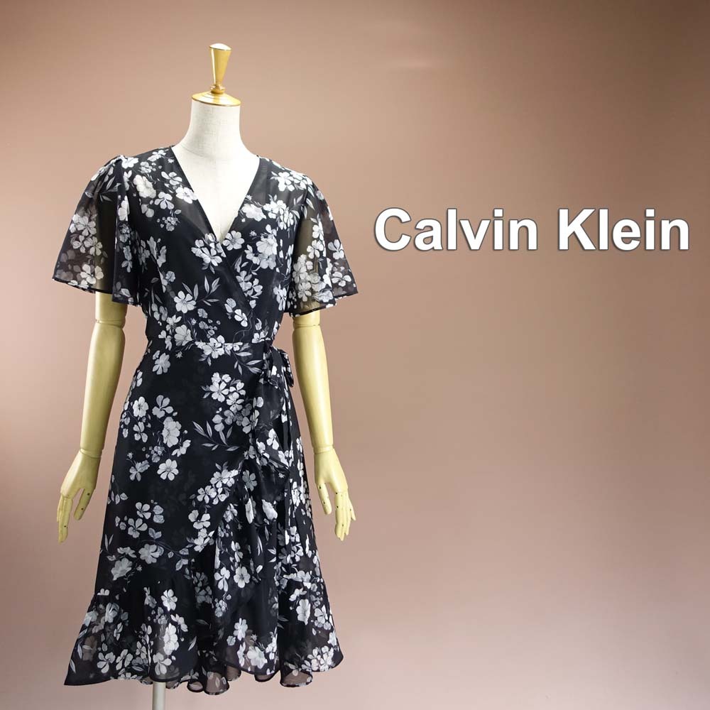 новый товар Calvin Klein 8/13 номер чёрный белый цветочный принт шифон One-piece вечернее платье короткий рукав свадьба 2 следующий .... формальный . называется блестящий 46J1501