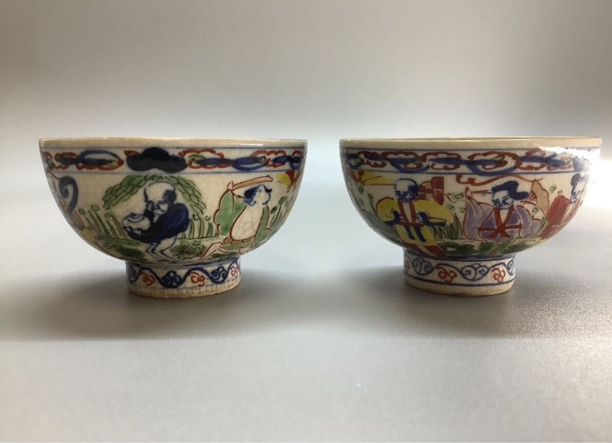 G012 2客セット 清朝民国期色絵唐人図盃 大明萬暦年製 湯呑み 煎茶碗 茶碗 ぐい呑み