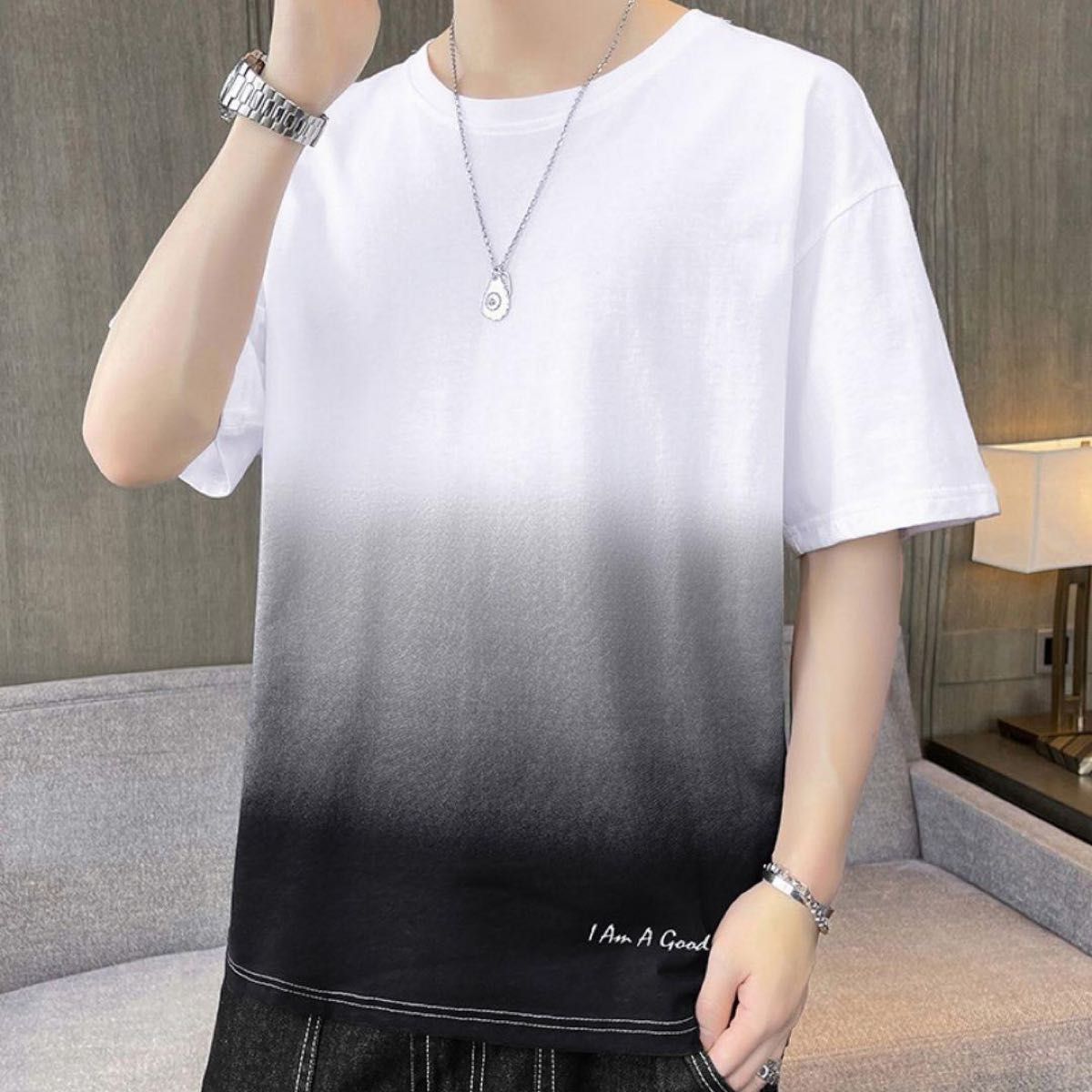 グラデーション Tシャツ XL メンズ トップス 黒 白 モノトーン グラデーション Tシャツ XL メンズ トップス 黒 白 モノトーン