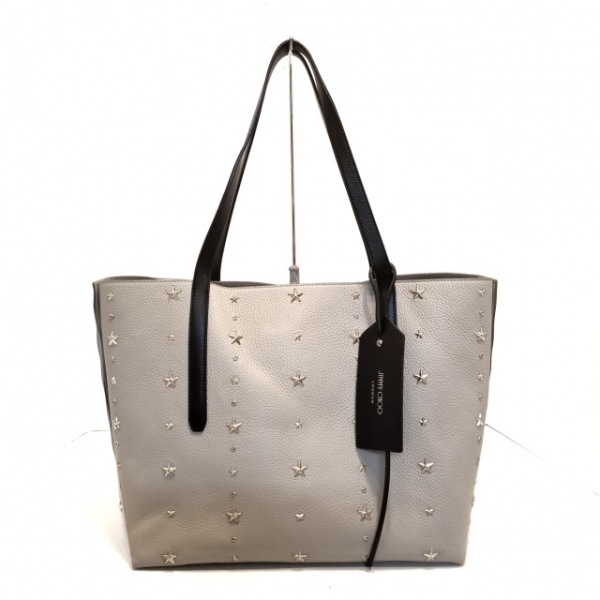 ジミーチュウ JIMMY CHOO トートバッグ ツイストイーストウエスト レザー×金属素材 グレー×黒 スター(星)/ラインストーン/スタッズ 美品