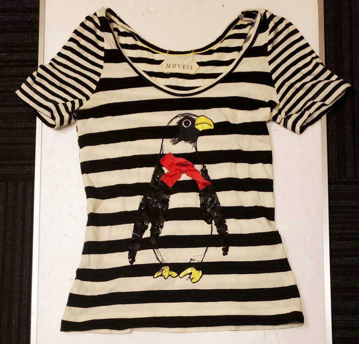 Muveil ミュベール ペンギン刺繍 ラインストーン ボーダーTシャツ　_画像1