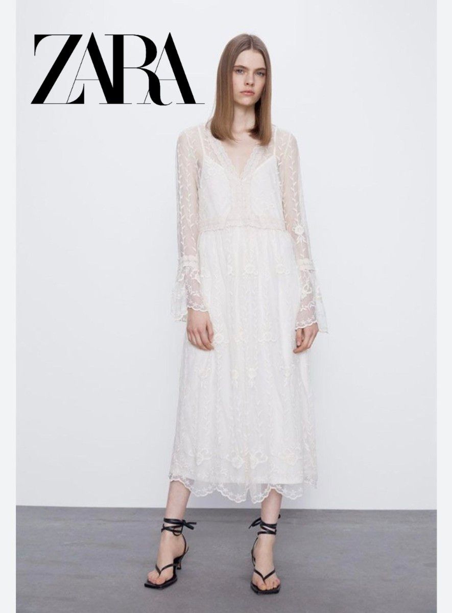 ZARA レースワンピース 刺繍 白 アイボリー フェミニン ZARA レースワンピース 刺繍 白 アイボリー フェミニン