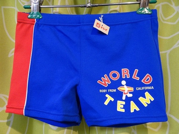 新品 70年代 ビンテージ 日本製 ニッキー WORLD TEAM 水着 スイムウエア オールドサーフ ショートパンツ サーフパンツ 150cm レトロ 当時物_画像1